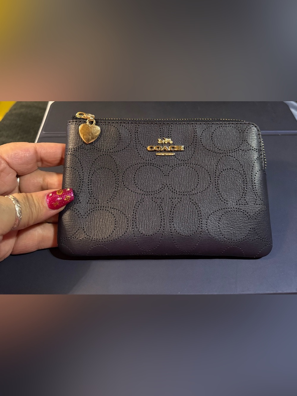Coach Navy Blue Perforated Leather Logo Pouch with Gold Accent